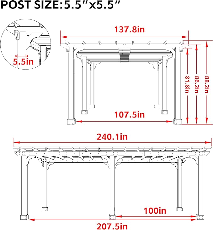 BlueWish 12’x20’ Outdoor Pergola with 5.5” Thick Wind Support Structure, Cedar Wood Patio Pergolas, Pergola Kits Backyard Gazebo with Stakes for Deck Grill Party Garden