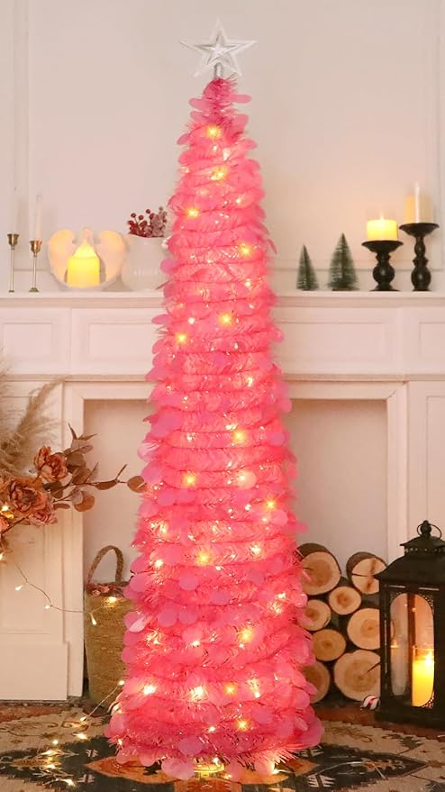 HMASYO 5 FT Pop Up Christmas Tree with Timer Lights, Hot Pink Christmas Tinsel Tree, Collapsible Artificial Pencil Christmas Tree for Indoor Home Apartment Porch Holiday Party Decorations