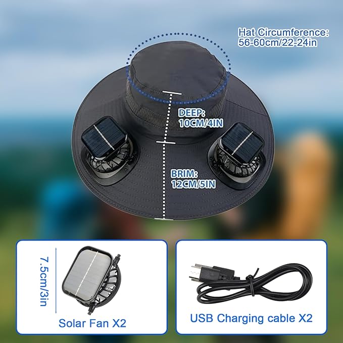 Solar Fan Hat, Wide Brim Sun Cap with 2 Solar Sun Protection Fans, USB and Solar Powered Fan Hat