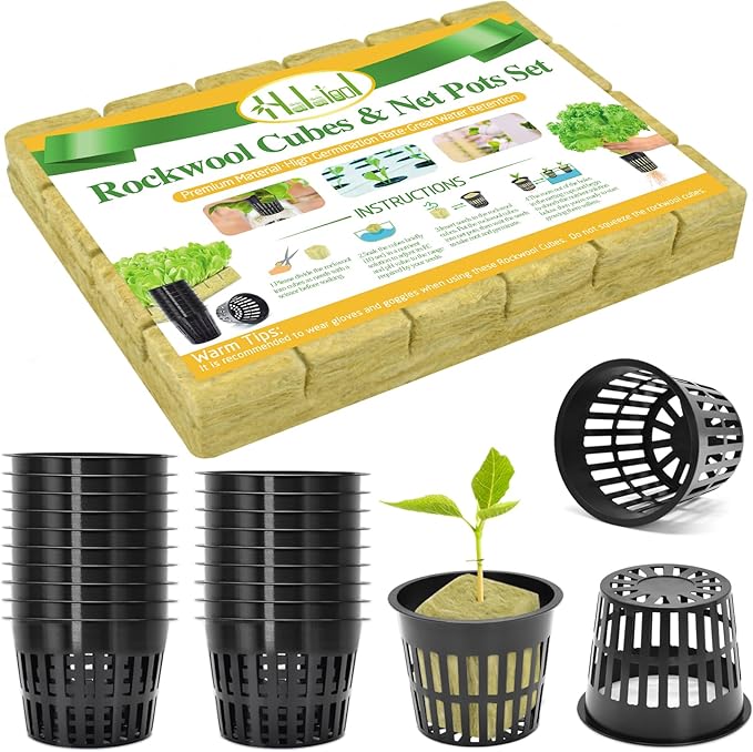 Halatool 24 x 2-Inch Rockwool Cubes & 24 x 3-Inch Net Cups - Hydroponics Starter Kit for Plants Cloning, Seed Starting, and Patio Gardening - Durable, Effective, Great Gift Option