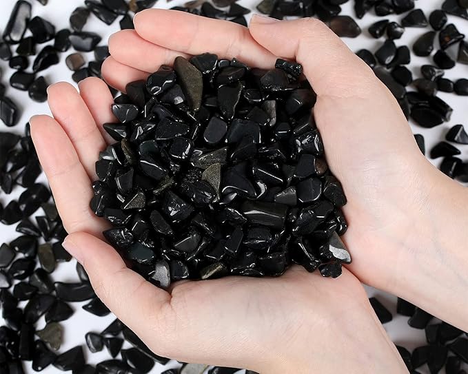 QINJIEJIE 400G Black Obsidian Crystal Polished Rocks 0.3-0.4" Tumbled Stones Chips Stone Crushed Quartz Natural Gem Home Decoration Aquarium Plants Cacti Vase Filler Landscape Bottom Ornament 0.9lb
