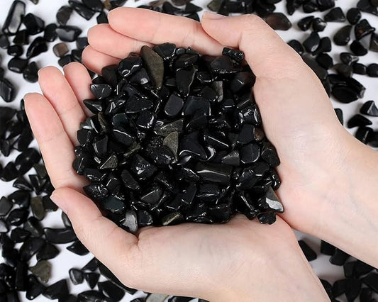 QINJIEJIE 400G Black Obsidian Crystal Polished Rocks 0.3-0.4" Tumbled Stones Chips Stone Crushed Quartz Natural Gem Home Decoration Aquarium Plants Cacti Vase Filler Landscape Bottom Ornament 0.9lb