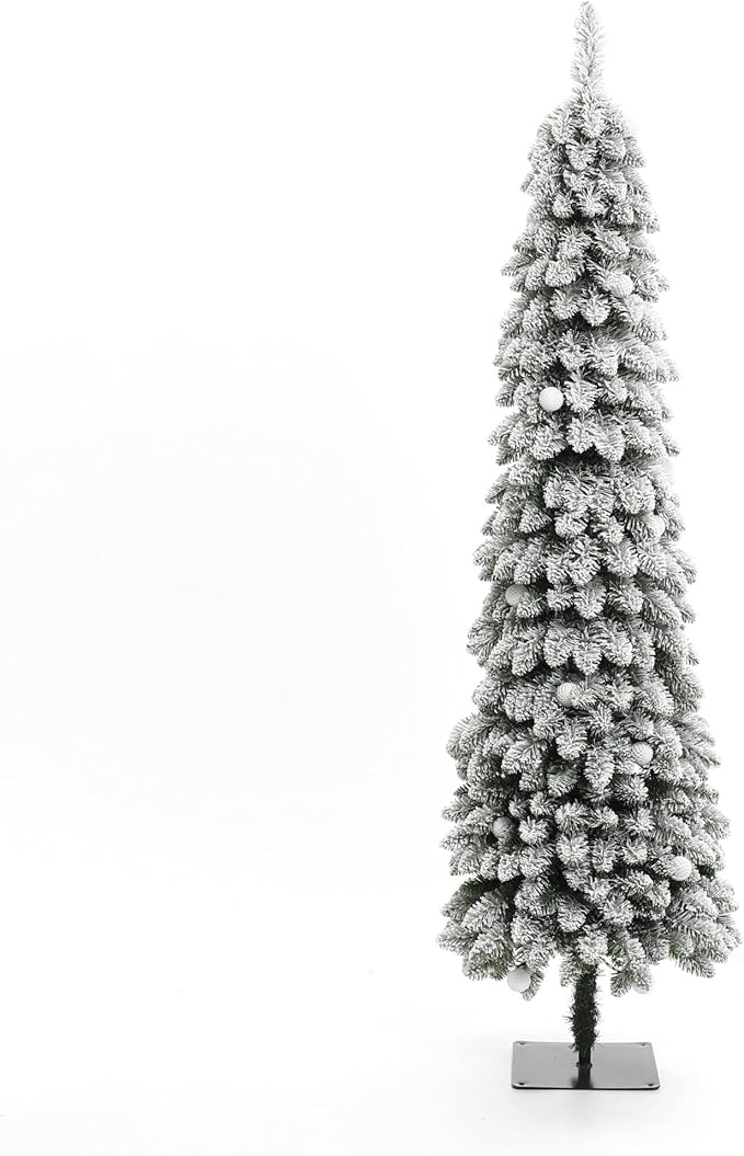 LuxenHome 6FT Flocked Christmas Tree, Slim Pencil Christmas Tree Pre-lit with 150 Warm White LED Globe Lights, Lighted Artificial Christmas Trees with Stand for Indoor, Outdoor Holiday Decorations