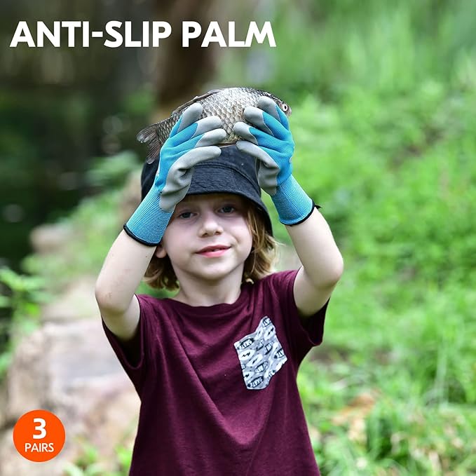 Vgo... 3-Pairs Age 7-9 Kids Gardening Gloves, Children Yard Work Gloves, Soft Safety Rubber Gloves (XS, KID-RB6013)