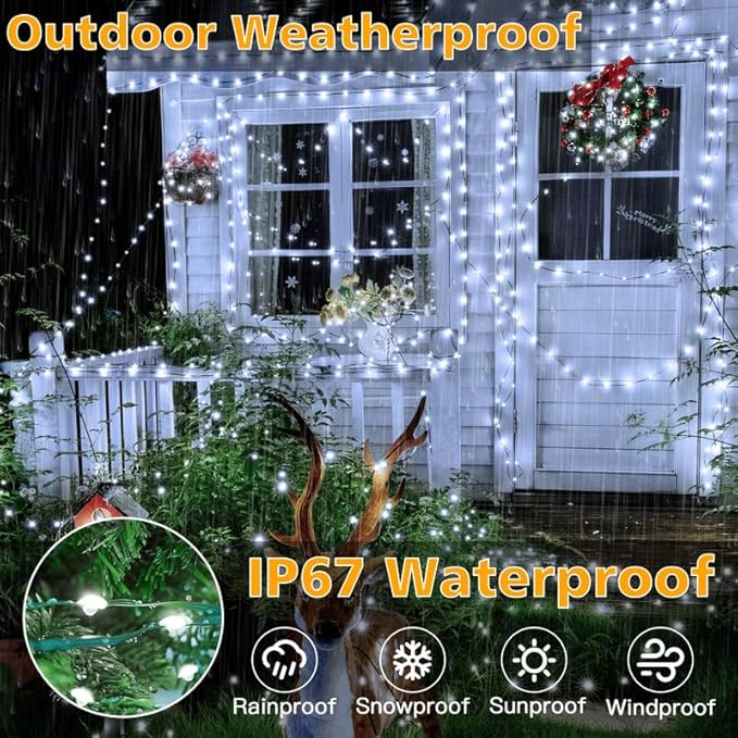 Ollny Christmas Lights, 198 FT 600 LED Outdoor Waterproof Plug in Christmas Tree Lights with 8 Modes Remote Timer, String Lights for House Yard Outside Indoor Xmas Decorations White