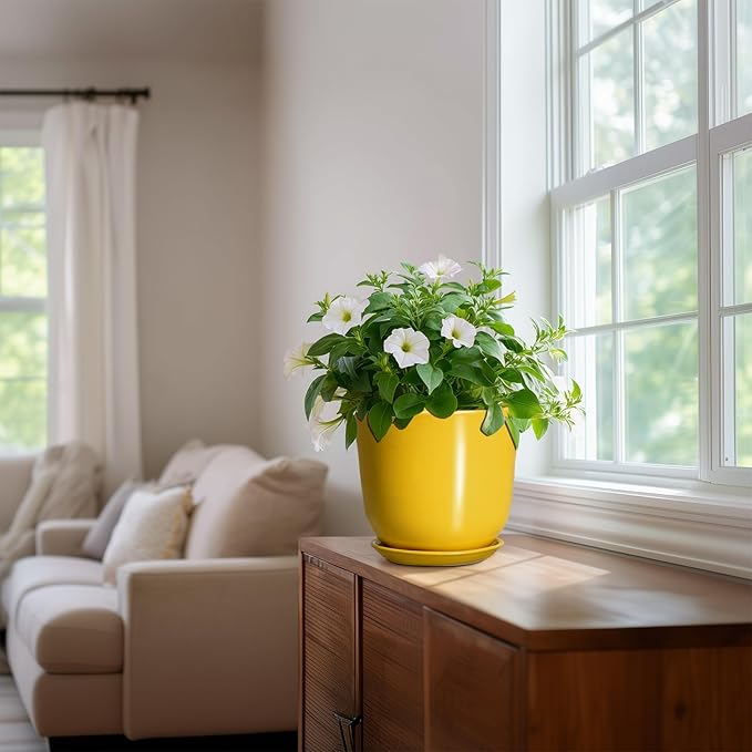 Ceramic Pots for Plants - 8 Inch Plant Pot for Indoor Outdoor, Round Planter with Drainage Hole and Tray, Decorative Flower Pot, Modern Planter, Home Patio Decor, House Warming Gift, Yellow