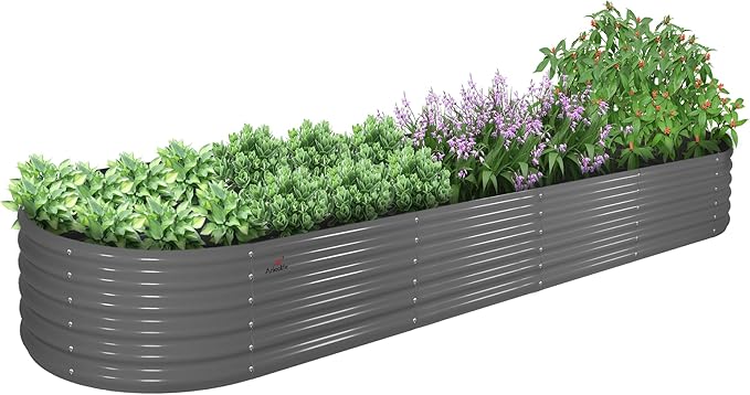 A ANLEOLIFE 12X3X1.5 ft Galvanized Raised Garden Beds Outdoor, Oval Extra Large Metal Planter Box for Planting Vegetables Flowers Herb, Anti-Rust & Easy-Setup, Quartz Grey