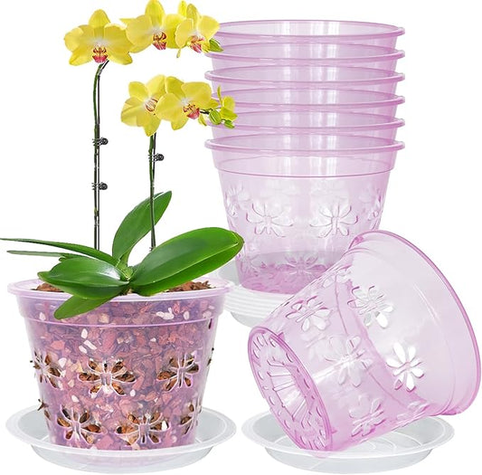 Orchid Pot, 8 Pack Orchid Pots with Holes & Saucers, Clear Plastic Pot for Repotting, Breathable Ventilation Planters for Phalaenopsis, Dendrobium & Oncidium Orchids(5 inch, red)