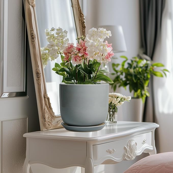 Ceramic Planter for Indoor Outdoor Plants - Cylinder Decorative 8 Inch Plant Pot with Drainage Hole and Saucer, Modern Home Decor, Gray