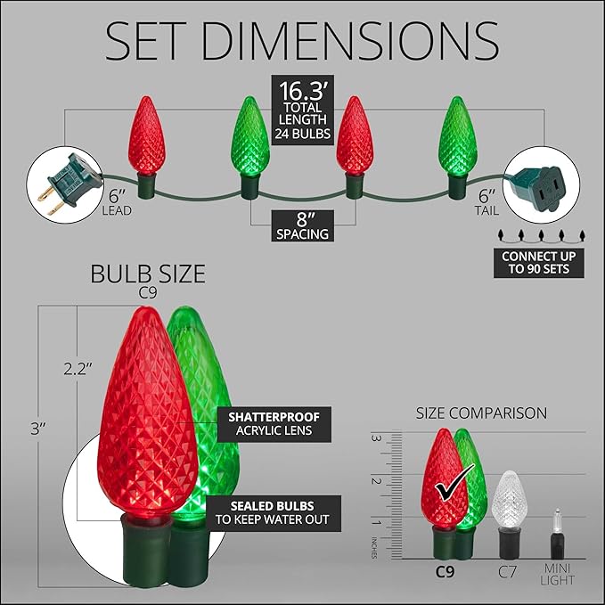Wintergreen C9 Red and Green Christmas Lights - Set of 24, 16.3 Ft LED String Lights, Indoor-Outdoor