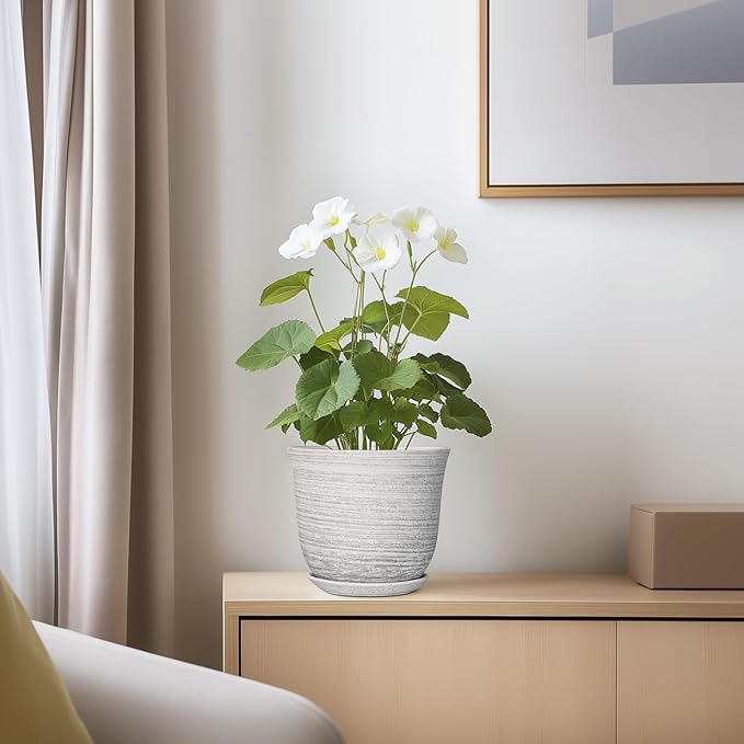 Ceramic Pots for Plants - 5.6 Inch Plant Pot with Drainage Hole and Tray, Round Succulents Pots for Indoor Outdoor, Decorative Planters, Home Room Office Decor, Gifts for Plant Lovers, Grey