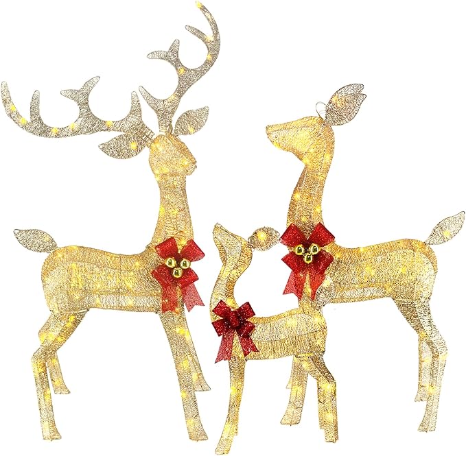 Light Up Christmas Reindeer Decor Set of 3 (4ft Tall) with 240 LED Lights, Ideal as Outdoor Christmas Decorations Yard Display or Indoor Home Decor, Features Sturdy Metal Frame and Ground Stakes