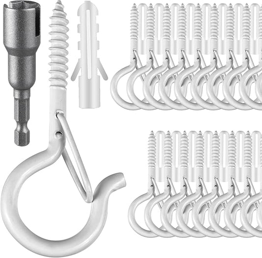 36 PCS Q-Hanger Hooks, Screw Hooks for Outdoor String Lights, Safety Buckle Design Cup Eye Hook for Hanging Christmas Lights, Plants, Mounted on Wall Ceiling, Include 1 Wing Nut Driver, White