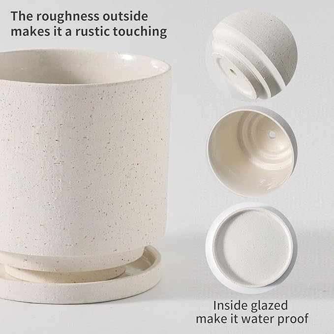 Nihow 5.7 Inch Plant Pot, Ceramic Pots for Plants with Drainage Hole and Saucer, Plant Pots Indoor for Home Garden Patio Office, Cylinder Planters for Indoor Plants, White