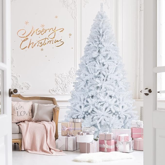 Goplus White Artificial Christmas Tree, 9ft Premium Unlit Hinged Spruce Full Tree, with Metal Stand, Easy Assembly, for Indoor and Outdoor Use