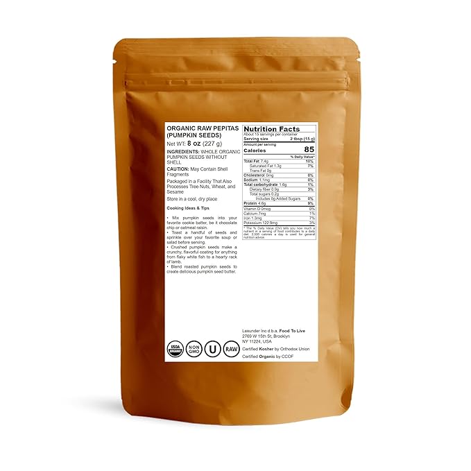 Food to Live Organic Raw Pepitas, 8 Ounces — Non-GMO, Pumpkin Seed Kernels, Unsalted, No Oil, No Shell, Vegan, Kosher, Bulk. Keto Snack.