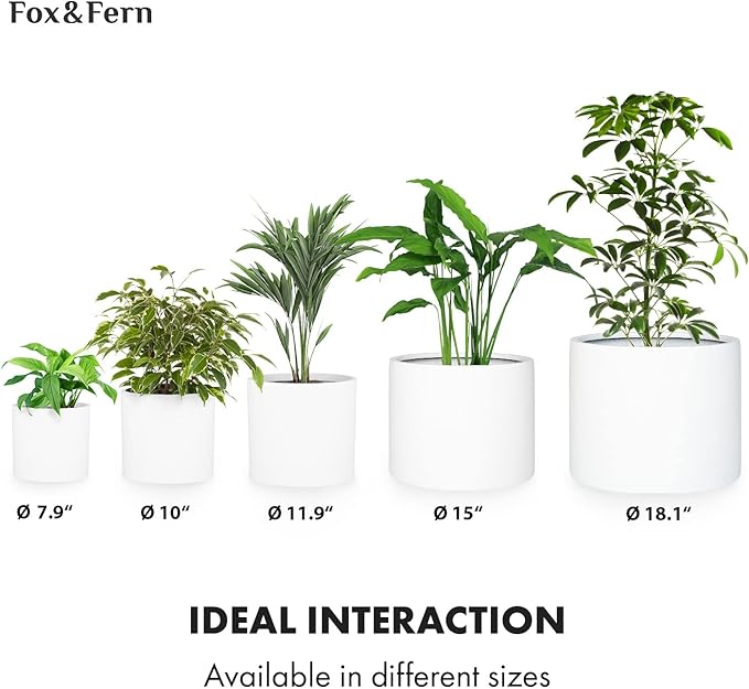 Fox & Fern 12" & 14.6" Large Planters (Set of 2) — Premium Lightweight Fiberstone Matte White Plant Pots with Drainage Plug; Extra Large Planters for Indoor & Outdoor; Weather Resistant & UV Resistant
