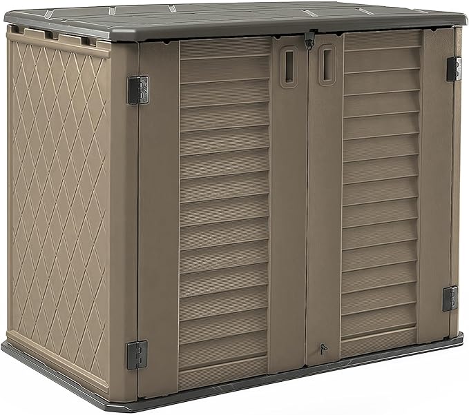 HOMSPARK Storage Shed Weather Resistance, Multi-Purpose Outdoor Storage Cabinet for Backyards and Patios, Horizontal Storage Shed for Lawnmower, Patio Accessories (Coffee, Large - 26 cu.ft)