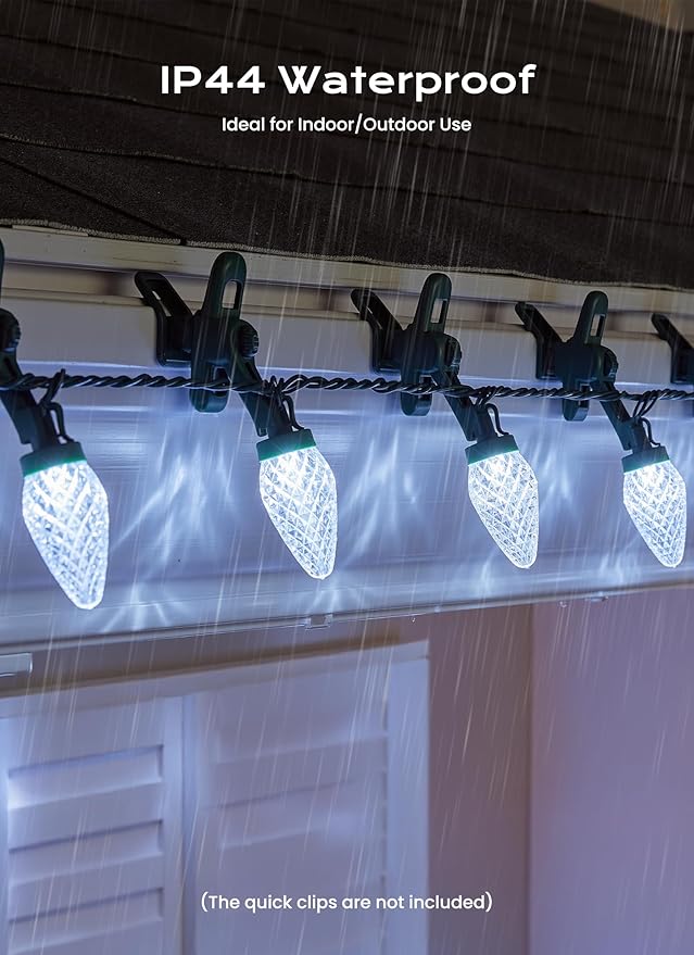 C9 Christmas Lights Outdoor, 33 FT 50 LED Connectable C9 String Lights with 8 Modes and Timer Extendable Xmas Tree Patio Roofline Garden Yard Holiday Party Indoor Outdoor Decoration, White