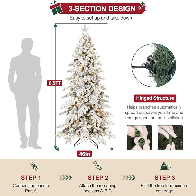 6.5 FT Pre-Lit Snow Flocked Slim Fir Christmas Tree with 1085 PE & PVC Mixed Branch Tips,Artificial Skinny Pencil Xmas Tree with 700 Warm-White Lights & 37 Pine Cones,Hinged Pine Tree with Metal Stand