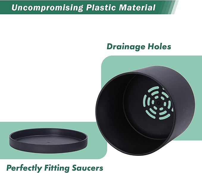 D'vine Dev 4 Pack 5.5 Inch Modern Plastic Plant Pots, Small Garden Planters for Plant with Drainage Holes and Saucers, Black Color, 74-Y-H-2