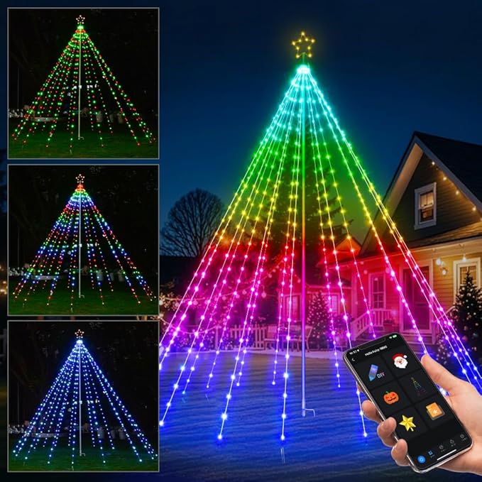 13.5ft,542 LEDs Smart Christmas Tree Lights Outdoor Pole set,App&Remote Control Large Waterfall String Lights,DIY RGB Colors,Music Sync,Timer,Waterproof Giant Tree Lights for Yard,Party,Xmas Decor