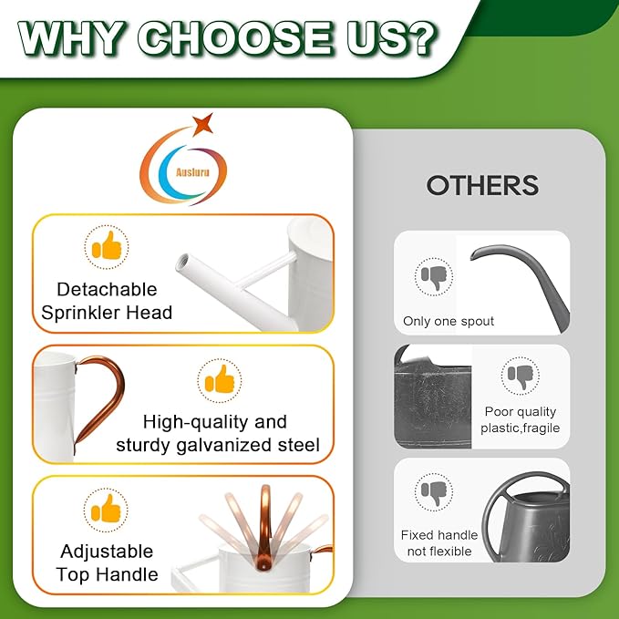 Metal Watering Can with Removable Spout, Galvanized Watering Can, Perfect for Indoor Use and for Outdoor Use (1 Gallaon, White)