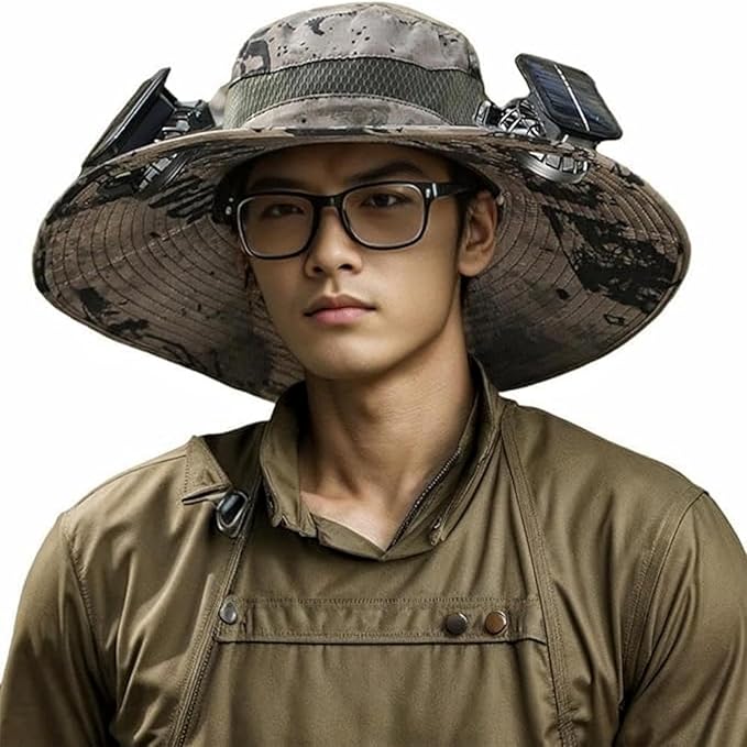 Solar Fan Hat Breathable Wide Brim Sun Hat for Men Women Sun Bucket Fishing Hats with 2 Solar Fan UPF 50+ Outdoor