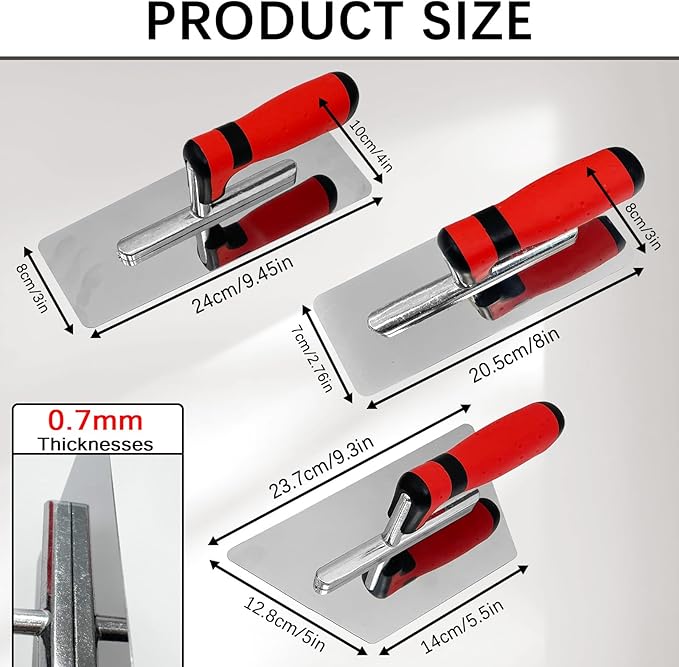 3 Pack Plaster Finishing Trowel Set, Polished Stainless Steel Paint Plastering Hand Tool with Rubber Handle, 0.7mm Thickness Concrete Trowel for Drywall Repairs and Spreading