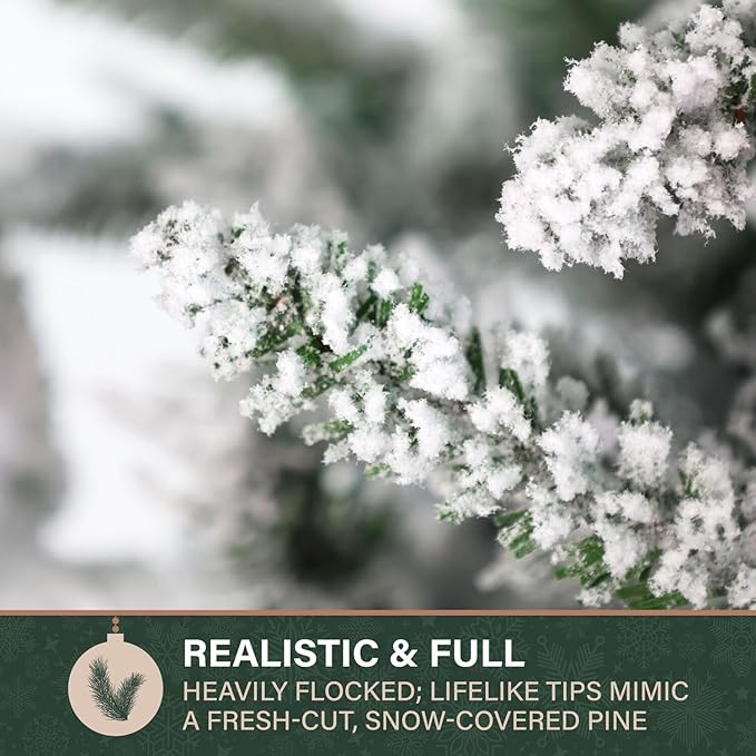 Fraser Hill Farm 6.5-Ft. Slim Mountain Pine Flocked Artificial Christmas Tree with Warm White LED Lights and Stand, Prelit Foldable Fake Tree with Realistic Snowy Foliage for Home Decoration