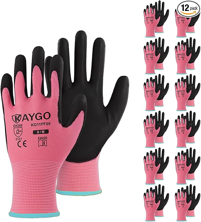 KAYGO Safety Work Gloves PU Coated-12 Pairs, KG11P Seamless Knit Glove with Polyurethane Coated Smooth Grip on Palm & Fingers, for Men and Women, Ideal for General Duty Work,Pink,Medium