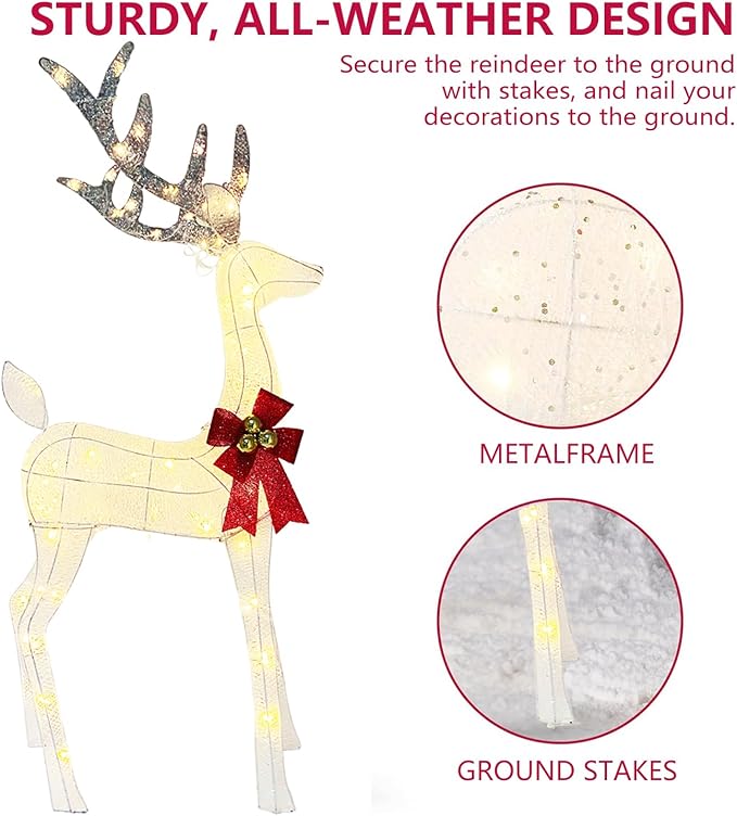 Lighted Reindeer Christmas Outdoor Yard Decorations, 4ft 3-Piece Reindeer Family Set with 240 LEDs, Ground Stakes, Durable Weatherproof Metal Frame for Home, Garden, Indoor Holiday Decor, White
