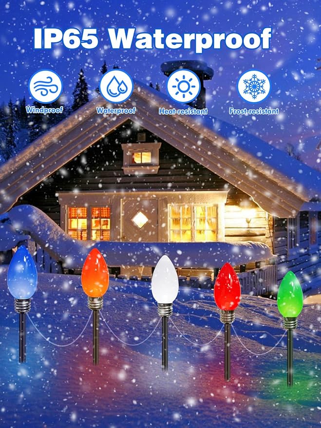 10 Pack Large C9 Christmas Decorations Outdoor Waterproof, Solar C9 Christmas Lights Outdoor with 2 Modes, Solar Pathway Lights for Outside Party Yard Lawn Patio Walkway Xmas Decoration (Multicolor)