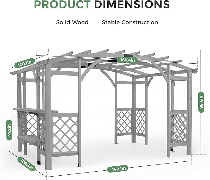 10' x 14' Wood Pergola Outdoor, Patio Pergola Solid Structure with Shelves, Painted Wood Frame with Arched Top for Garden Porch Deck,Grey