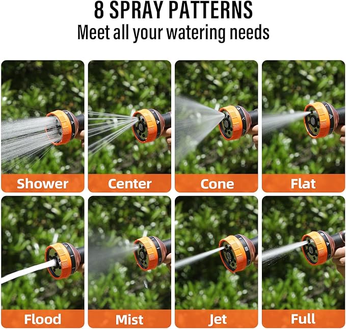 Heavy Duty Garden Hose Spray Nozzle, Metal Water Hose Nozzle with 8 Spray Patterns, High Pressure Hose Nozzle with Thumb Control On Off Valve for Lawn Watering, Car Washing, Pets Showering