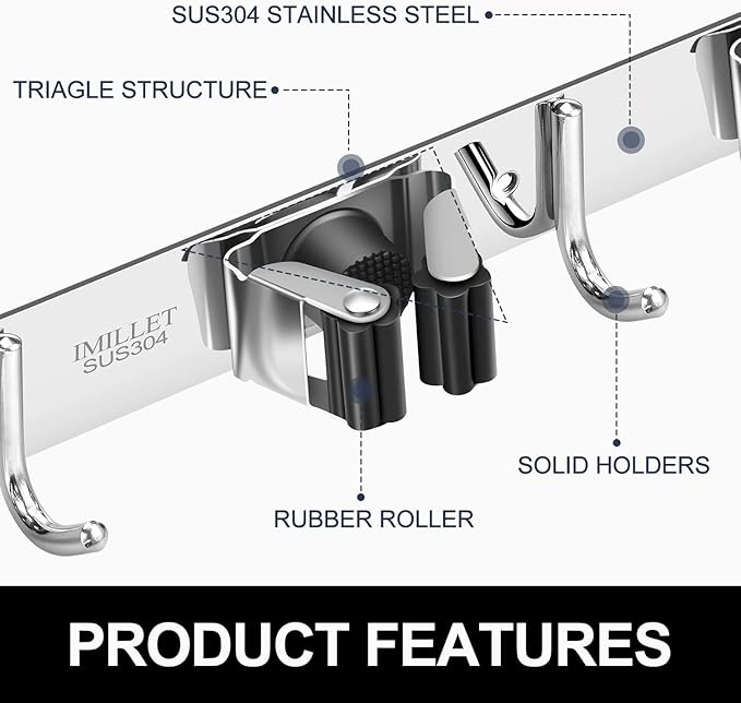 IMILLET Broom and Mop Holder Wall Mounted, Stainless Steel Broom Holder Mop Holder Self Adhesive Heavy Duty Hooks Storage Organizer for Home Laundry Room Garden Garage（3 Racks with 4 Hooks）