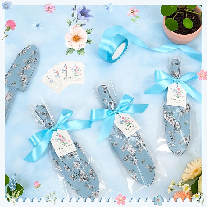 Capoda 12 Sets Floral Garden Shovels Bulk Gardening Gift for Women Mini Garden Tools Heavy Duty Floral Hand Trowels Thank You Cards with Gift Bags for Mom Birthday Teacher Employee (Blue,Bright)
