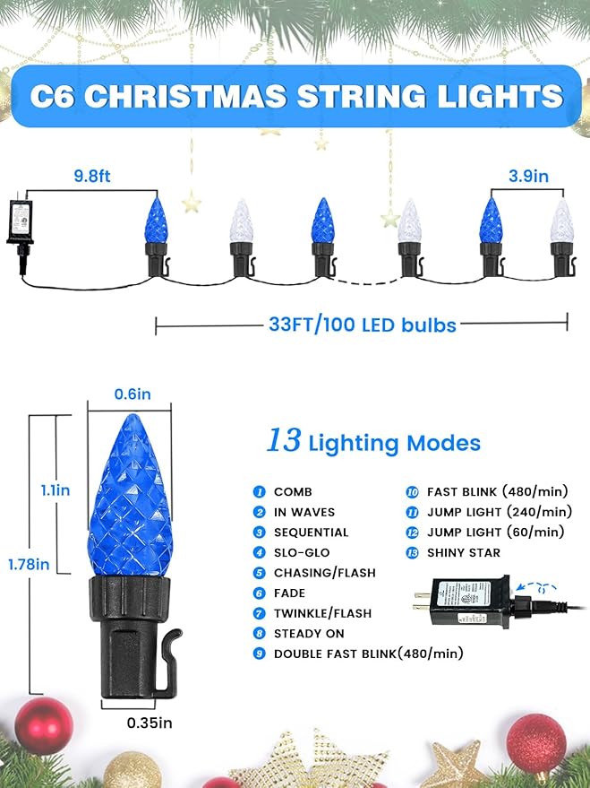 2 Pack C6 Christmas Lights Outdoor Indoor, Total 200 LED 66 FT Connectable Christmas String Lights with Timer & 13 Modes, Waterproof Twinkle Light for Xmas Tree Party Wedding Decor (Blue and White)
