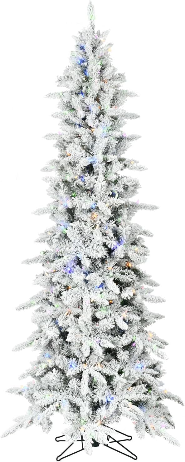 Fraser Hill Farm 7.5-Ft Slim Mountain Pine Flocked Artificial Christmas Tree with Dual Multicolor & White LED Lights & Stand, Prelit Skinny Fake Tree with Realistic Snowy Foliage, Home Holiday Décor