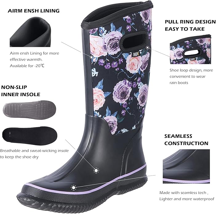 WTW Mid Calf Rain Boots for Women - Waterproof Insulated Neoprene Mud Boots Outdoor Hunting Garden Boots