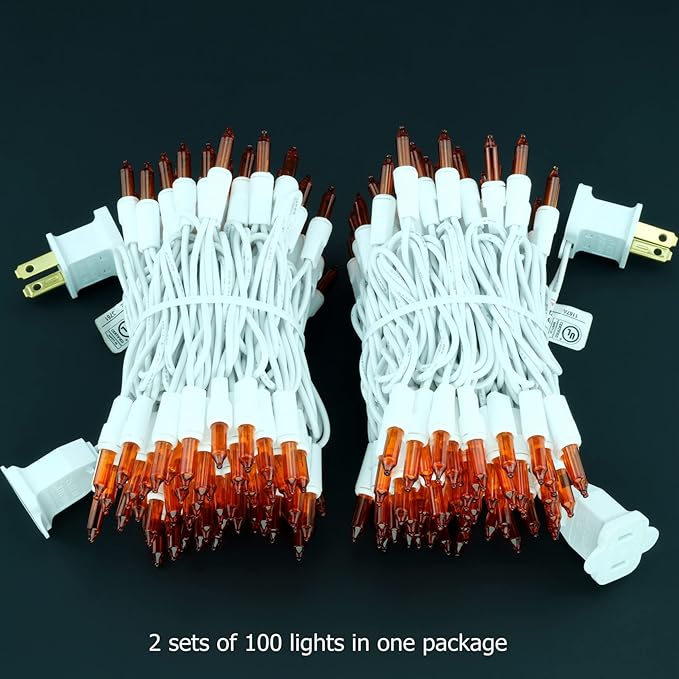YULETIME 200 Orange Christmas Lights, Pack of 2 Strands of 21 ft 100 Count UL Certified Incandescent Mini String Light (Orange - White Wire)