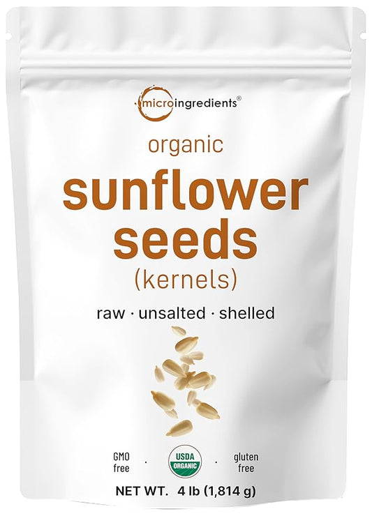 Organic Sunflower Seeds, 4lbs | Raw, Unsalted, & Shelled – Whole Kernels | Low Carb Snack | Great for Baking, Smoothies, & Salad Toppings | Non-GMO, Vegan, Plant Based