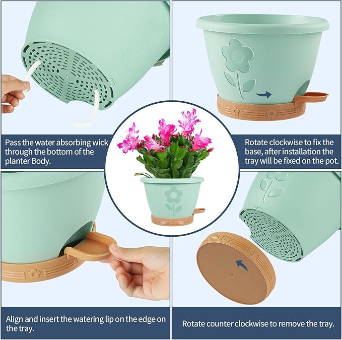 Plastic Plant Pots 10 Inch Set of 4, Self Watering Pots with Drainage Holes, Saucer & Reservoir, Flower Pots for Indoor/Outdoor Plants, Decorative Nursery Planting Pots (Multicolor)