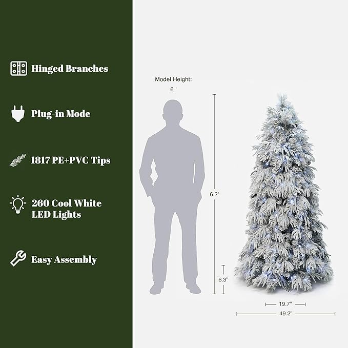 LuxenHome 6FT Flocked Artificial Christmas Tree, Downswept Branches Prelit Christmas Tree Flocked with Feather Accents, Pinecone and 260 LED Lights, 1817 PE+PVC Tips, Xmas Tree Holiday Decor