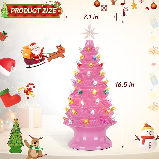 Lakumu 16.5" Table Top Christmas Tree, Hand Painted Resin Christmas Tree with Lights, Pre-lit Xmas Tree Decor Lighted Tabletop Decoration with Multicolored LED Bulbs, Ceramic-Like Finish, Pink
