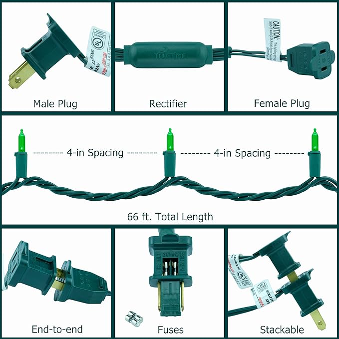 YULETIME 200 Count Green LED Christmas Lights, 66 Feet Green Wire UL Certified Commercial Grade Holiday String Light Set (Green)