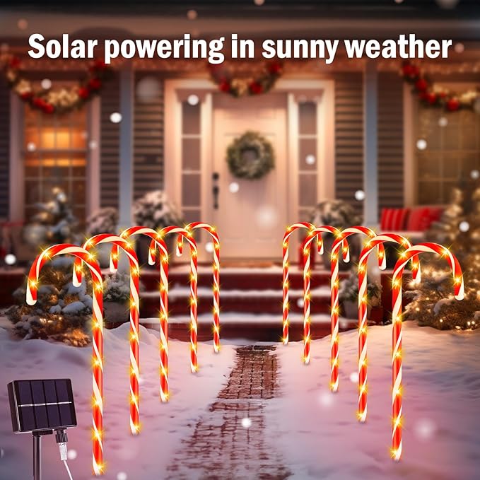 Brightown 20 Packs Solar Candy Cane Lights Outdoor Pathway, 8 Modes LED Outdoor Candy Cane Decorations Yard Lawn Driveway Walkway Sidewalk Christmas Decorations Outside