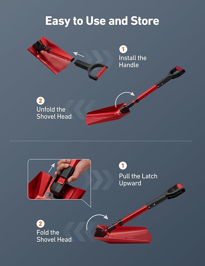 AstroAI 38.4" Foldable Snow Shovel for Car, Retractable Snow Shovel with Thickened Aluminum Handle and Reinforced Iron Hinge, Portable and Multi-Functional for Driveway, Cars, Camping and Slush,Red