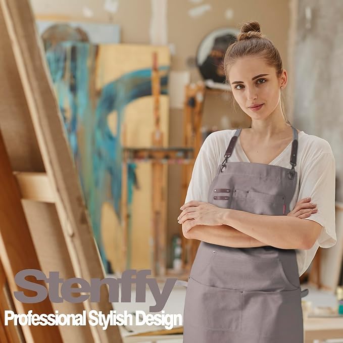 5 Pack Kitchen Apron, Work Apron, Canvas, Multiple Pockets, Gardening, Painting, BBQ, Artist, Carpenter, Sizes M to XXL, Grey