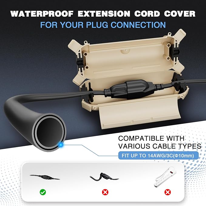 Flemoon [3 Pack] Outdoor Extension Cord Cover Waterproof, Weatherproof Electrical Connection Box for Straight Plug, Outlet, Socket, Halloween, Christmas Holiday Decoration String Light, Almond